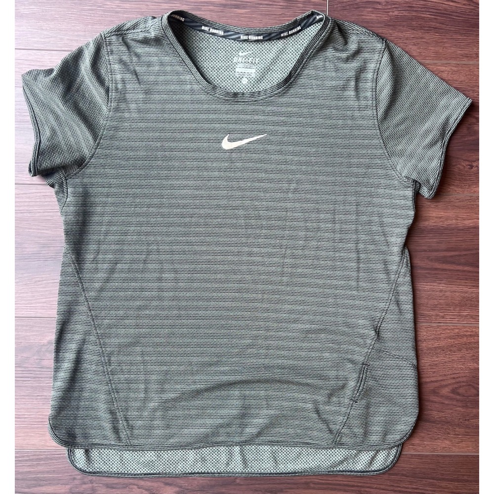 Nike Running Dri-FIT Short Sleeve Shirt Green Black Striped Mesh Top Womens XL